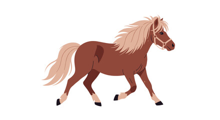 Fototapeta premium Beautiful brown pony with a light blonde mane and tail running gracefully and fast across a clean white background.
