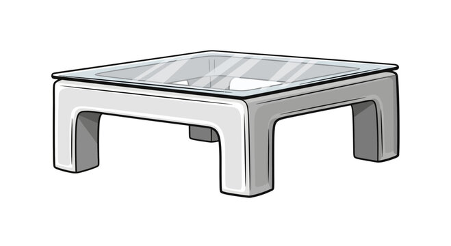 Modern square glass coffee table with white base, isolated on white background