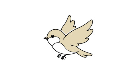 Fototapeta premium Cute and simple illustration of a small tan and white bird flying with its wings spread open against white.