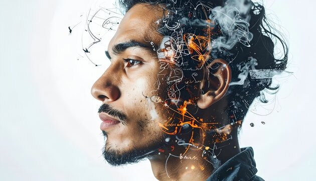 Intense portrait of a man with fiery smoke and dramatic lighting.