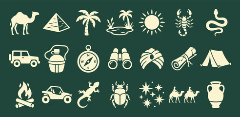 Desert safari flat vector icon set for travel adventure and tourism branding © 777SKYLABS