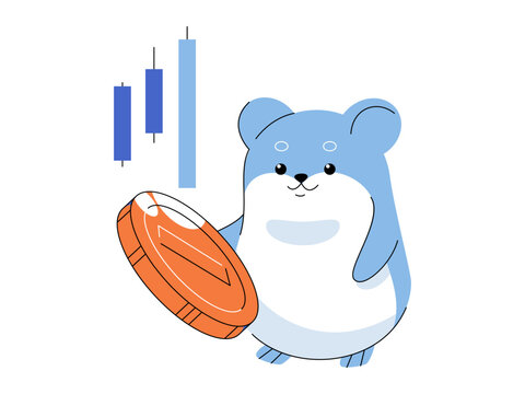 Blue hamster holds an orange coin beside a stock chart vector illustration. Crypto trading, finance, digital assets, investing, income, meme growth. Furry rodent clutching a round money token