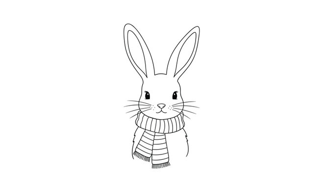 Simple line drawing of a rabbit wearing a striped winter scarf, facing forward with a cute expression in a minimal animal illustration.