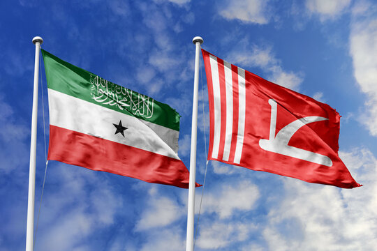 Somaliland and Jammu and Kashmir flags waving in a clear blue sky symbolizing a powerful diplomacy a strategic partnership and a shared vision of unity for a sustainable future.