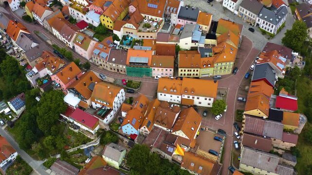 Aerial view of the city Creu&szlig;en in Germany in Bavaria on a cloudy day in summer. 