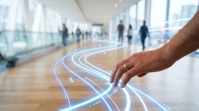 Businessman hand interacting with digital data flow in modern hallway, futuristic network connection, smart technology concept, data transfer and communication system