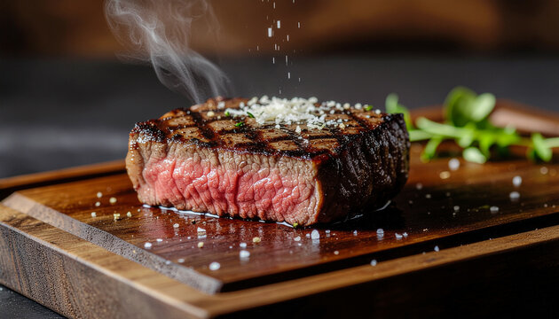 Perfectly grilled steak steaming on a wooden board, seasoned with salt flakes