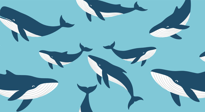 Seamless pattern of dark blue whales swimming in different directions on a light blue background, creating a serene marine life design.
