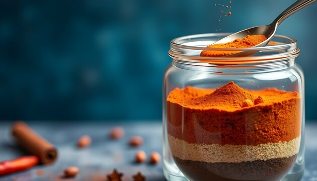 A hyperrealistic culinary composition featuring a glass jar filled with layered powdered spices in distinct colors&mdash;dark brown, tan, and bright orange-red. A silver spoon above the jar holds vivid oran
