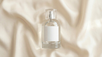 Naklejka premium A perfume bottle sits on a wrinkled beige fabric surface indoors.
