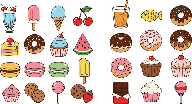 Set of colorful sweet dessert icons including donut cupcake macaron icecream popsicle milkshake chocolate cherry and lollipop isolated on white background cartoon vector illustration