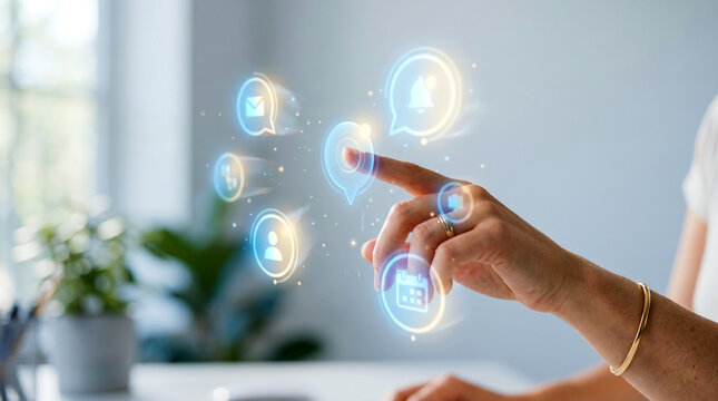 Woman touching communication icons on digital interface, social media and messaging concept, virtual notifications system, mobile app interaction, modern technology