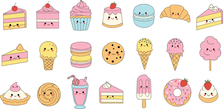 Set of cute kawaii dessert characters including cake cupcake macaron icecream donut milkshake croissant and cotton candy isolated on white background cartoon vector illustration