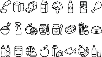 Supermarket food items and kitchenware outline icons set representing healthy eating cooking ingredients daily supplies. © MRSTOCK LAB
