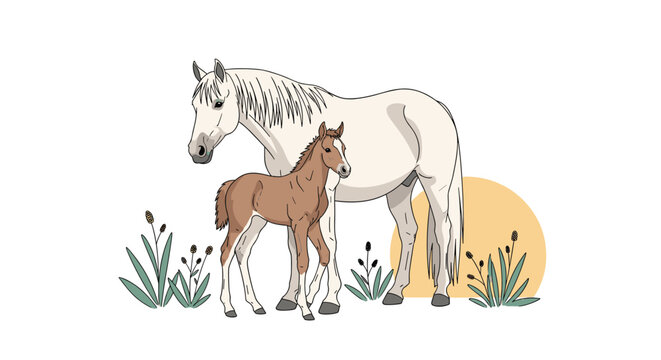 Loving mare stands beside her small brown foal in a peaceful field with grass and a warm sun, depicting a tender bond in a detailed sketch.
