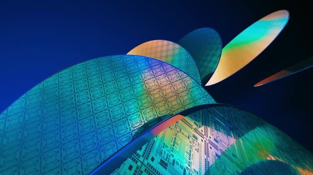 Semiconductor wafer animation loop, colorful silicon wafers with microchip patterns, futuristic technology background, 3D render