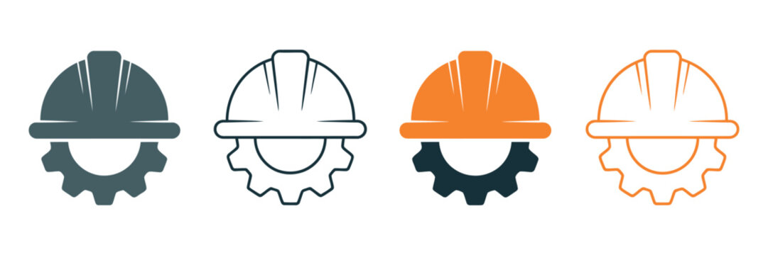 Construction Helmet and Gear Icons Set, Workwear Safety Symbols Collection with Hard Hat, Cogwheel and Engineer Elements, Industrial Protection Vector Design for Building, Maintenance and Engineering