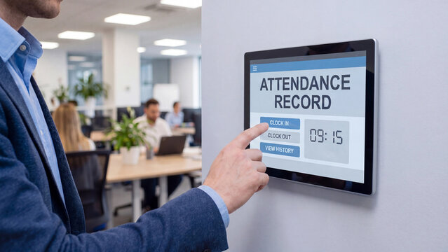 Employee clocking in on digital attendance record touchscreen system in corporate office for workforce time tracking punctuality management and human resource administration