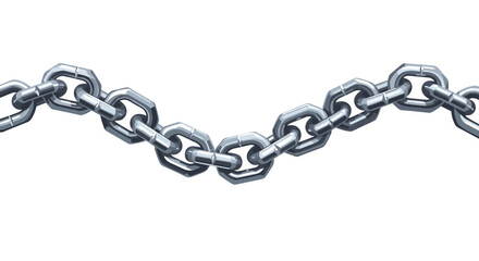 Fototapeta premium A metallic industrial chain with interlocking hexagonal links forms a wavy pattern against a clean white background, demonstrating strength and durability with realistic reflection