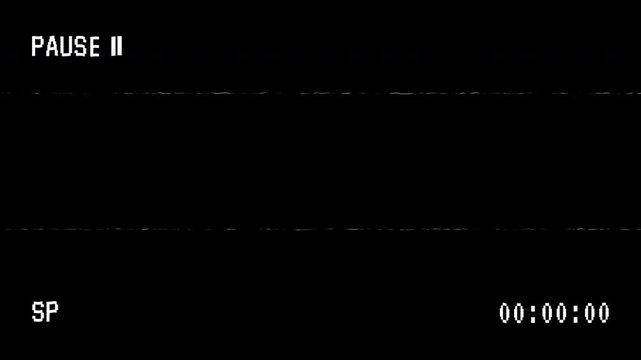 Retro vhs glitch effect with pause button overlay, enhanced by scanlines and old school VHS distortion on a black screen.
