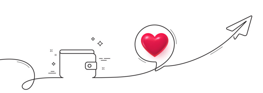 Money Wallet line icon. Continuous line with share plane. Cash symbol. Payment method sign. 3d heart in speech bubble. Money Wallet single line ribbon. Loop curve pattern. Vector