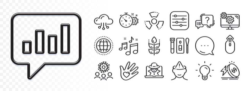 Coronavirus, Mental health and Light bulb line icons for web app. Glare of light effect. Message icon. Pack of Swipe up, Globe, Analytical chat pictogram icons. Vector