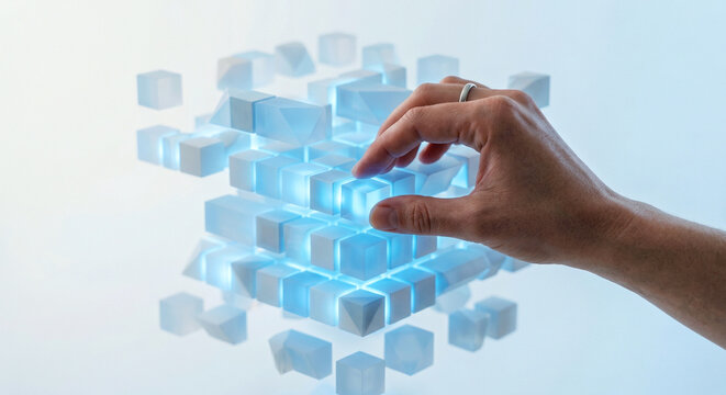 Businessman arranging digital data blocks, data organization concept, virtual database structure, information management, cloud computing technology
