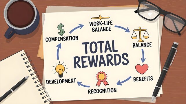 Total rewards concept with compensation benefits work life balance on desk with notebook coffee glasses