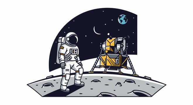 Astronaut stands on a moonscape next to a lunar module, Earth in the background