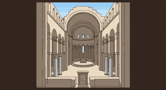 An illustrated view inside a grand, ancient stone structure with arches and columns
