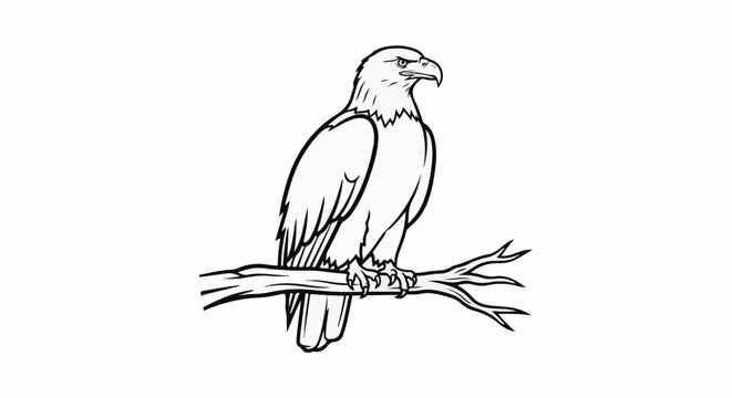 An illustrated bald eagle perches proudly on a bare branch against a white background