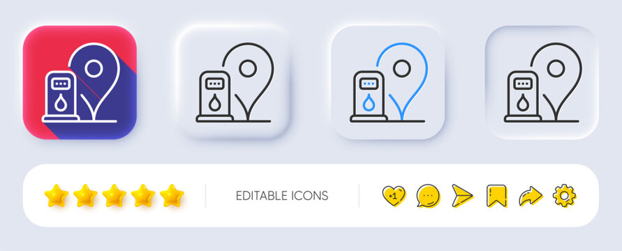 Petrol station line icon. Neumorphic, Flat shadow, 3d buttons. Filling gas station location sign. Diesel fuel symbol. Line petrol station icon. Social media icons. Vector