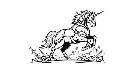 Obraz premium Armored unicorn rears up from battle, a broken sword lies at its feet