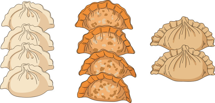 Set of stacked steamed and fried dumplings in various styles including pierogi empanada and baozi isolated on white background detailed vector illustration