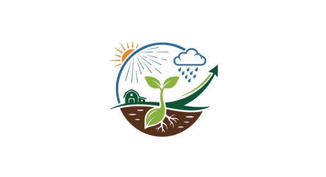 Agricultural growth symbol with sun, rain, farm, and upward arrow