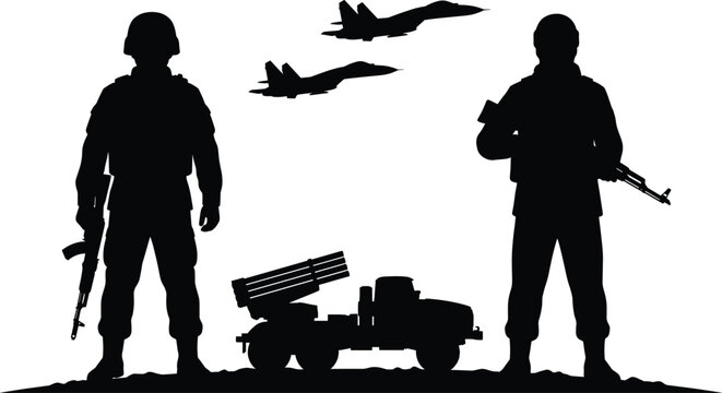 Soldiers Standing Guard with Military Jet Aircraft Flying Overhead and Multiple Rocket Launcher Vehicle Positioned on Ground in Silhouette Vector Illustration for Army Concept