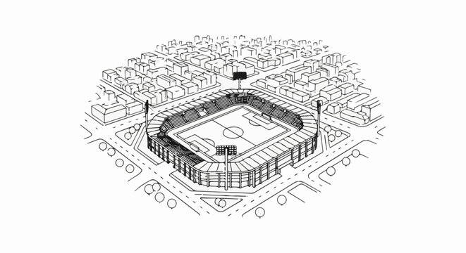 Aerial view of a city block with a stadium in the center and surrounding buildings