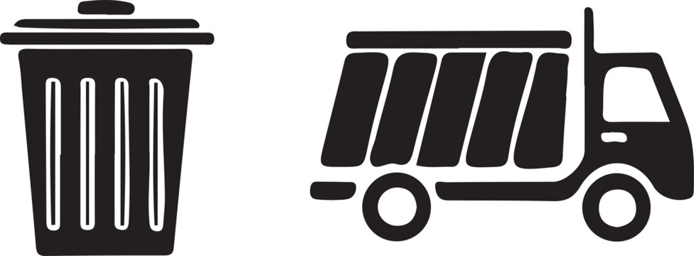 Garbage disposal and waste management icons showing trash bin and refuse collection truck.
