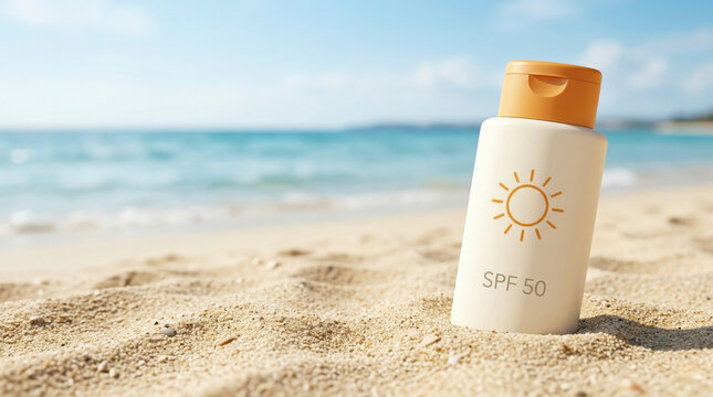 Sunscreen bottle resting on sand near the shore, created AI