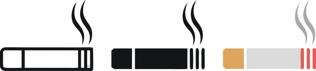 Set of three cigarette vector icons with smoke swirl design on transparent background set. © MOHINUR