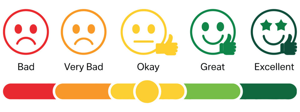 Smile Rating Scale with Feedback Slider, User Review Interface with Emoji Faces Showing Bad, Very Bad, Okay, Great and Excellent Levels, Satisfaction Survey UI, Rating Bar and Feedback System