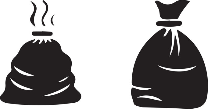 Two icons of garbage bags including one with stinky smell lines and one closed sack style.