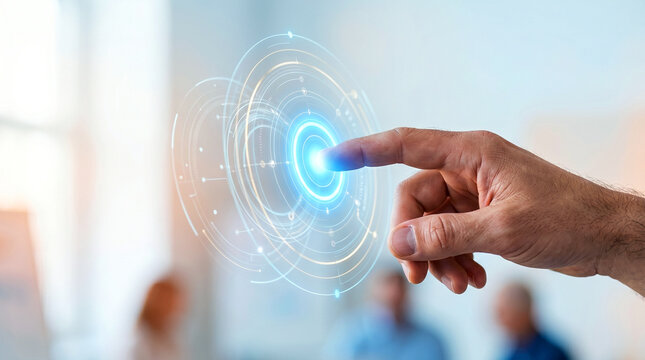 Businessman touching digital interface button, futuristic technology concept, virtual control system, innovation and data interaction, smart user interface