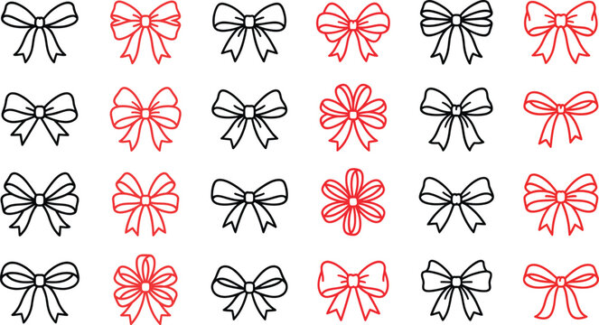 Black and red line art ribbon bows collection for minimalist gift wrapping festive greeting cards and fashion elements.