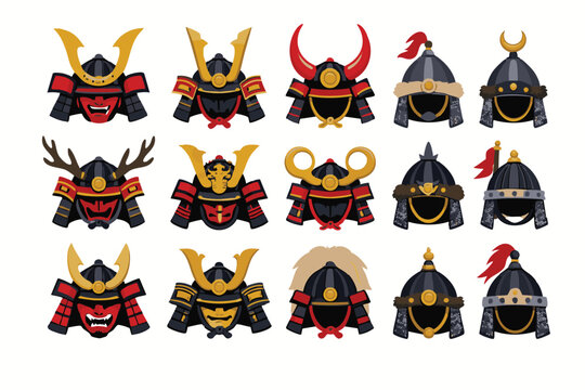 Japanese Samurai Helmet and Asian Warrior Armor Headgear Vector Collection