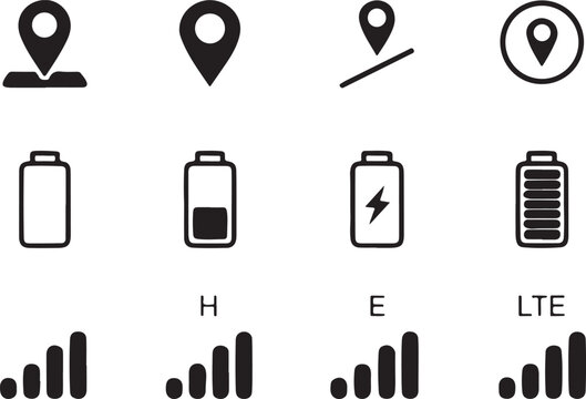 Mobile signal and battery icons location pins Vector Pack.