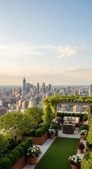 Naklejka premium Luxury rooftop garden terrace with panoramic city skyline view at sunset, urban oasis with comfortable seating and lush greenery