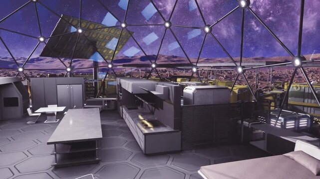 interior galley module with prep counters and appliances, stainless surfaces, sink and refrigeration unit, storage racks and utensils, efficient crew meal prep