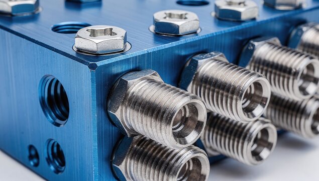 Multi-port industrial hydraulic control manifold in blue anodized metal