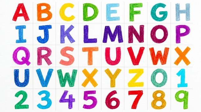 Funky Rainbow Crayon Drawn Uppercase Alphabet Letters A to Z and Numbers 0 to 9 for Kids Birthday Party and School Design